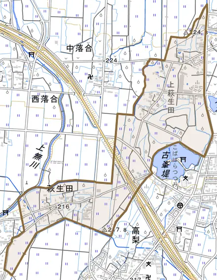 萩生田とその周辺の地図。町の範囲を重ねている