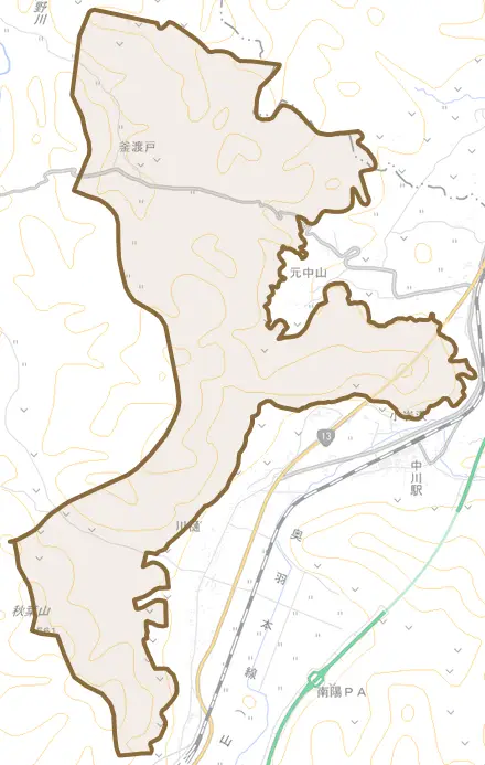 釜渡戸とその周辺の地図。町の範囲を重ねている