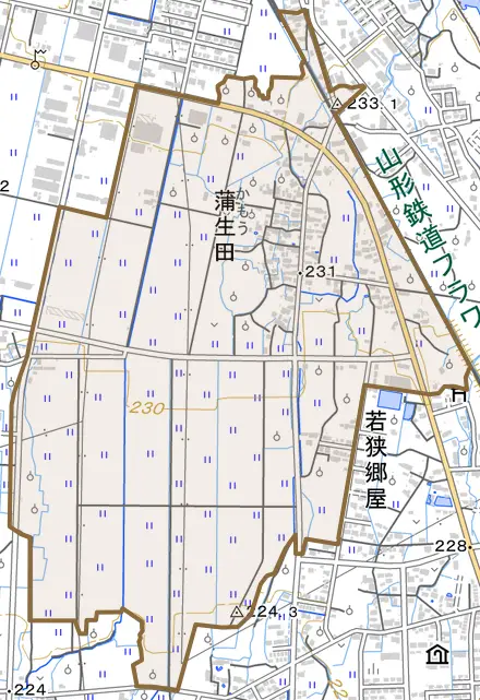 蒲生田とその周辺の地図。町の範囲を重ねている