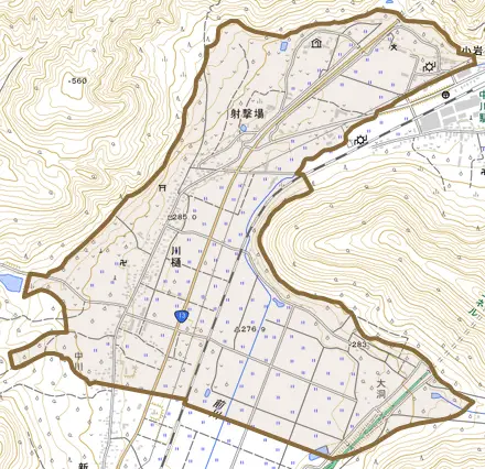 川樋とその周辺の地図。町の範囲を重ねている