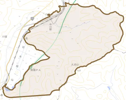 小岩沢とその周辺の地図。町の範囲を重ねている