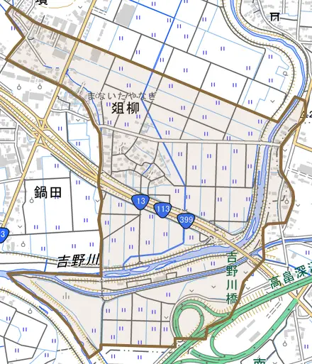 爼柳とその周辺の地図。町の範囲を重ねている