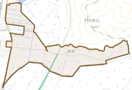 松沢とその周辺の地図。町の範囲を重ねている