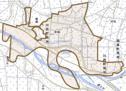 宮崎とその周辺の地図。町の範囲を重ねている