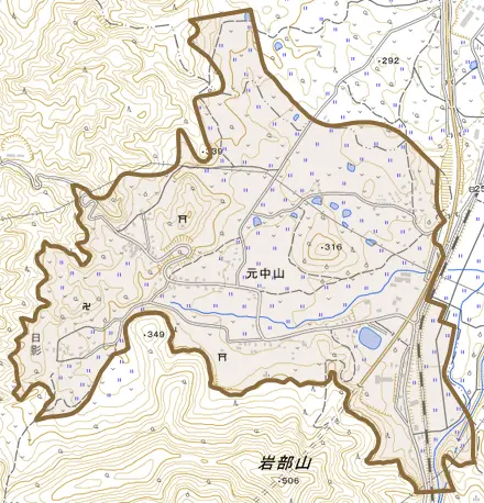 元中山とその周辺の地図。町の範囲を重ねている