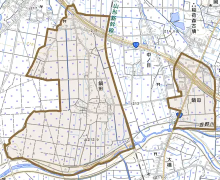 鍋田とその周辺の地図。町の範囲を重ねている
