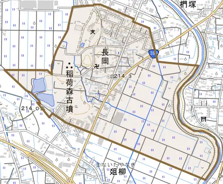 長岡とその周辺の地図。町の範囲を重ねている