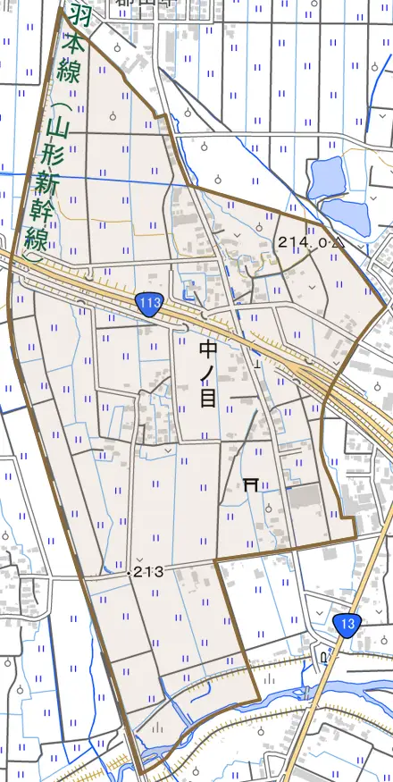 中ノ目とその周辺の地図。町の範囲を重ねている