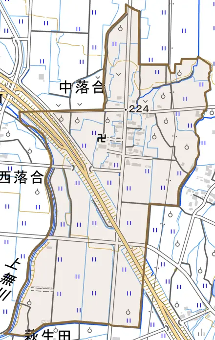 中落合とその周辺の地図。町の範囲を重ねている