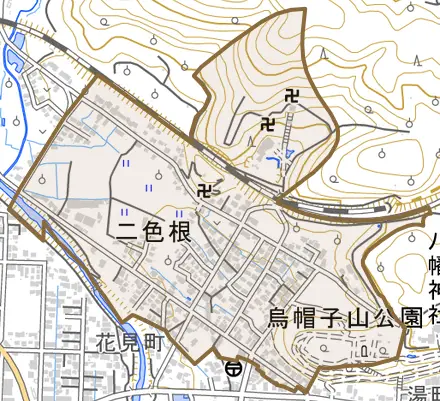 二色根とその周辺の地図。町の範囲を重ねている