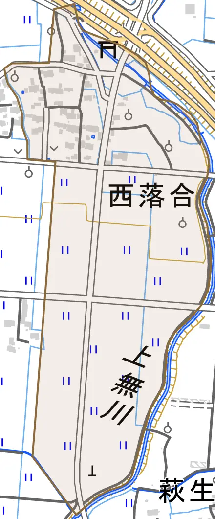 西落合とその周辺の地図。町の範囲を重ねている