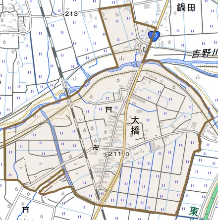 大橋とその周辺の地図。町の範囲を重ねている
