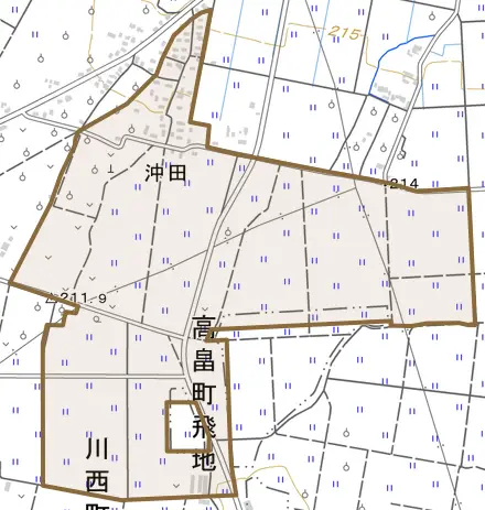 沖田とその周辺の地図。町の範囲を重ねている