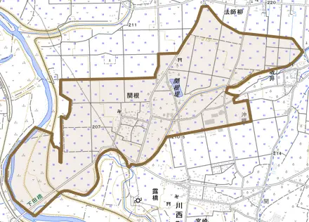 関根とその周辺の地図。町の範囲を重ねている