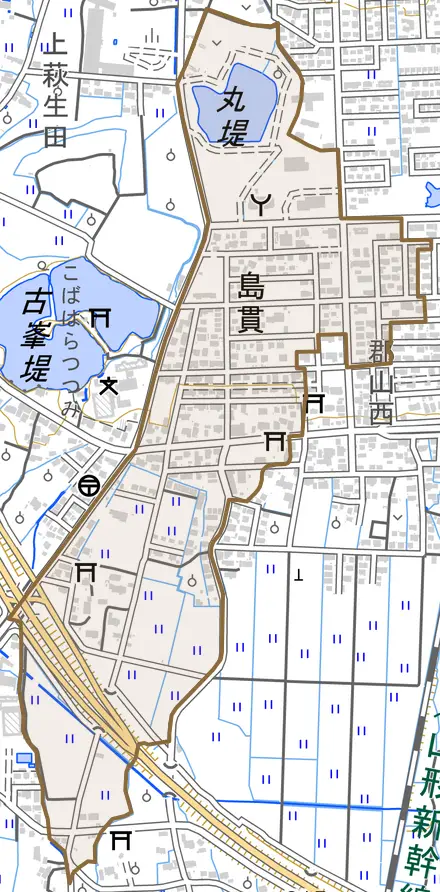 島貫とその周辺の地図。町の範囲を重ねている