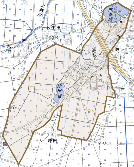 高梨とその周辺の地図。町の範囲を重ねている