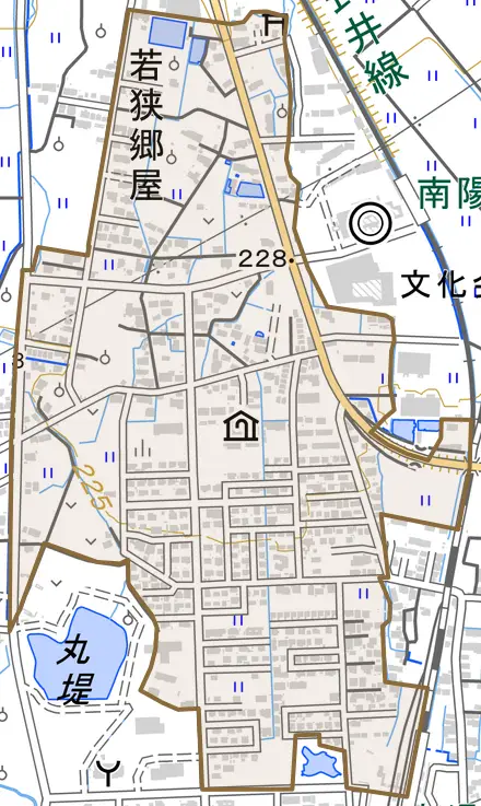 若狭郷屋とその周辺の地図。町の範囲を重ねている