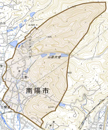 上野とその周辺の地図。町の範囲を重ねている