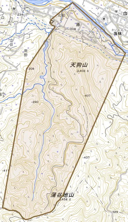 大字原とその周辺の地図。町の範囲を重ねている