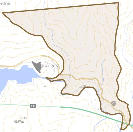 大字本道寺とその周辺の地図。町の範囲を重ねている