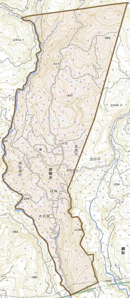 大字岩根沢とその周辺の地図。町の範囲を重ねている