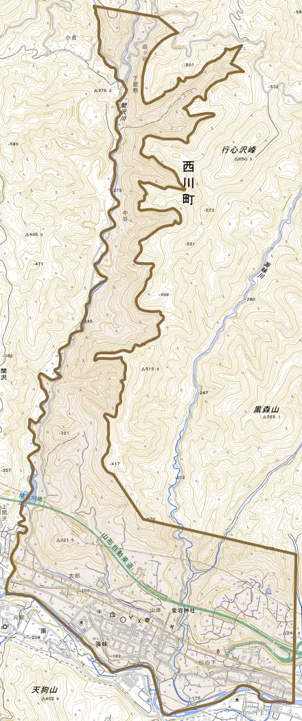 大字海味とその周辺の地図。町の範囲を重ねている