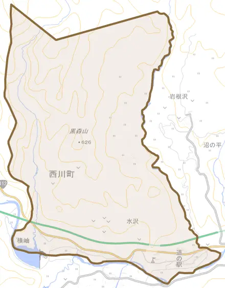 大字水沢とその周辺の地図。町の範囲を重ねている