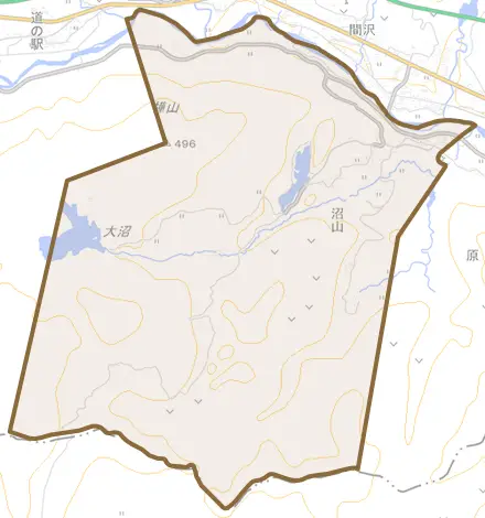 大字沼山とその周辺の地図。町の範囲を重ねている