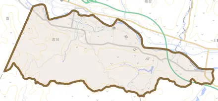 大字吉川とその周辺の地図。町の範囲を重ねている