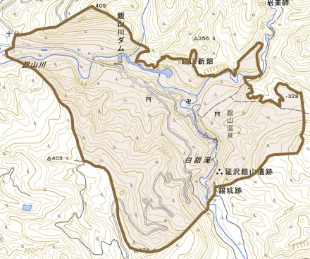 大字銀山新畑とその周辺の地図。町の範囲を重ねている