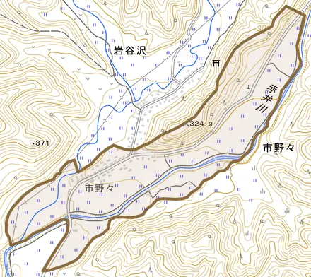 大字市野々とその周辺の地図。町の範囲を重ねている