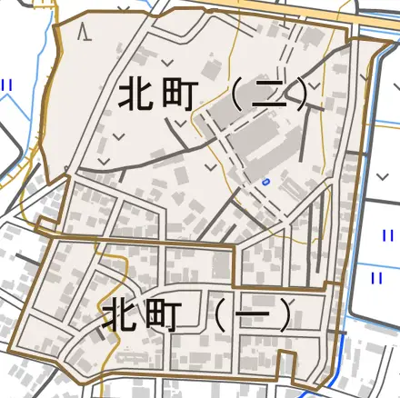 北町とその周辺の地図。町の範囲を重ねている