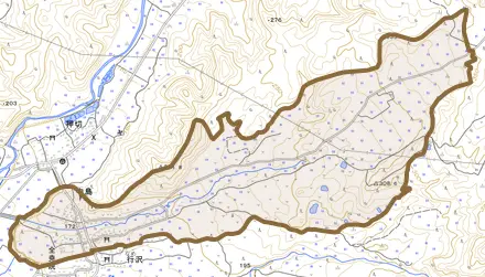 大字中島とその周辺の地図。町の範囲を重ねている