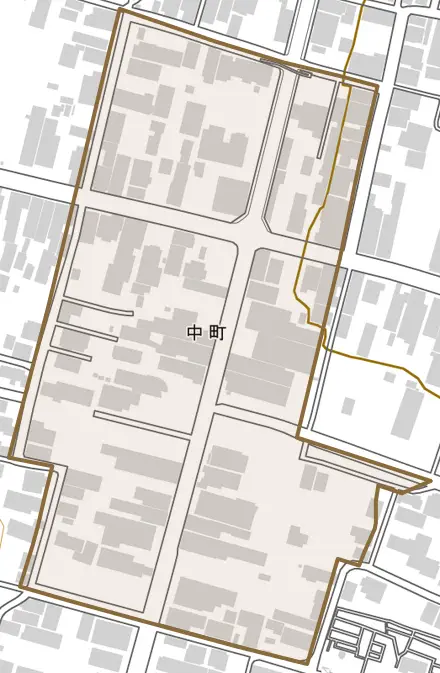 中町とその周辺の地図。町の範囲を重ねている