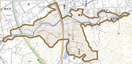 大字朧気とその周辺の地図。町の範囲を重ねている