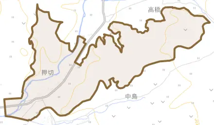 大字押切とその周辺の地図。町の範囲を重ねている