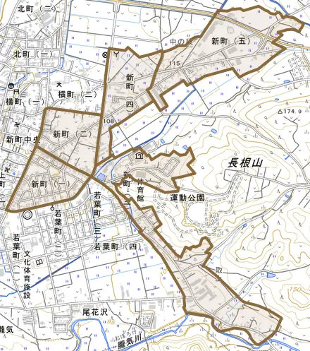 新町とその周辺の地図。町の範囲を重ねている