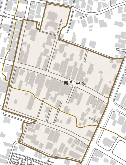 新町中央とその周辺の地図。町の範囲を重ねている