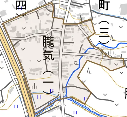 朧気とその周辺の地図。町の範囲を重ねている