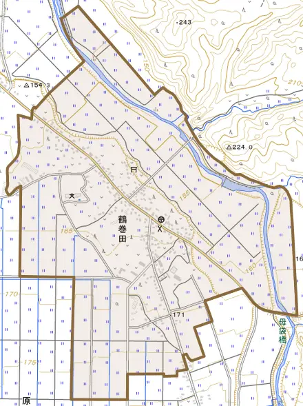 大字鶴巻田とその周辺の地図。町の範囲を重ねている