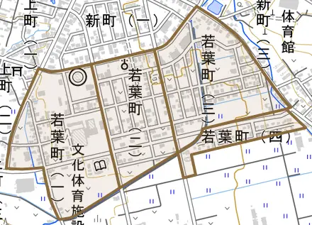 若葉町とその周辺の地図。町の範囲を重ねている