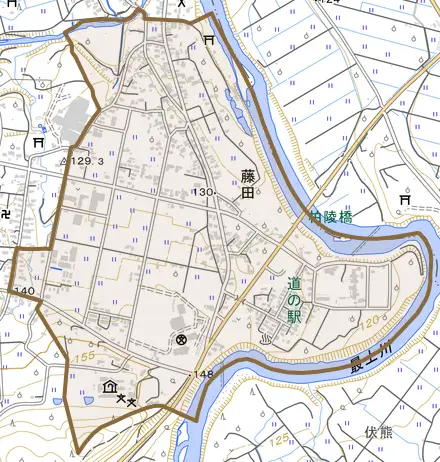 大字藤田とその周辺の地図。町の範囲を重ねている