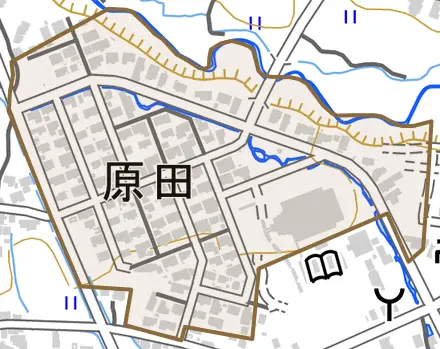 大字原田とその周辺の地図。町の範囲を重ねている