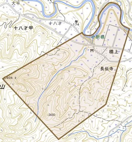 大字橋上とその周辺の地図。町の範囲を重ねている