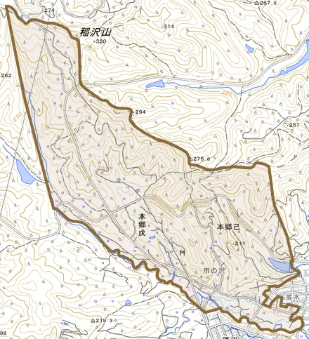 大字本郷戊とその周辺の地図。町の範囲を重ねている