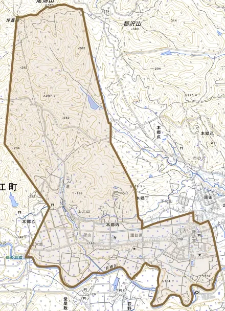 大字本郷丙とその周辺の地図。町の範囲を重ねている