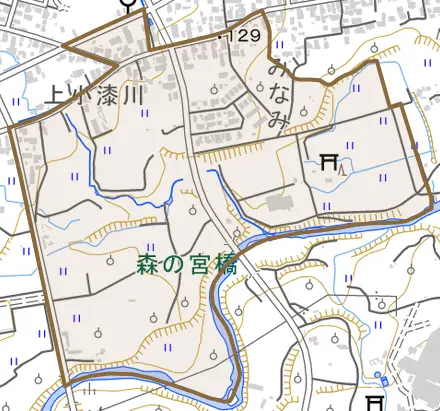 大字本郷己とその周辺の地図。町の範囲を重ねている
