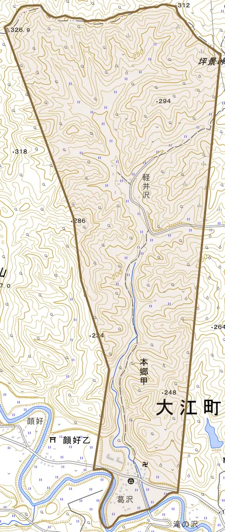 大字本郷甲とその周辺の地図。町の範囲を重ねている