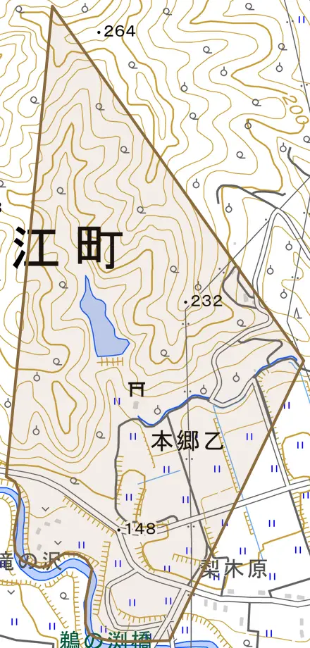 大字本郷乙とその周辺の地図。町の範囲を重ねている