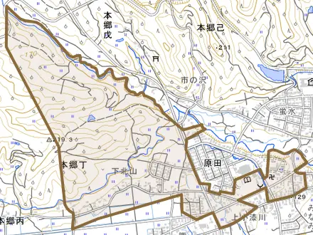 大字本郷丁とその周辺の地図。町の範囲を重ねている